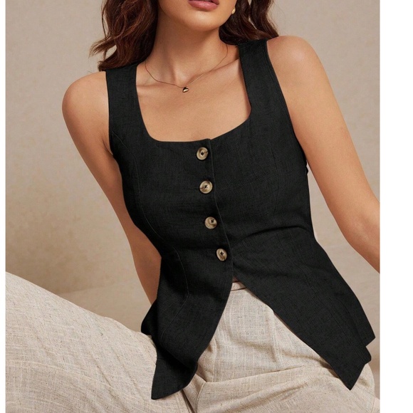 Plus Linen Button Down Sleeveless Minimalist Tank Top - Picture 1 of 9